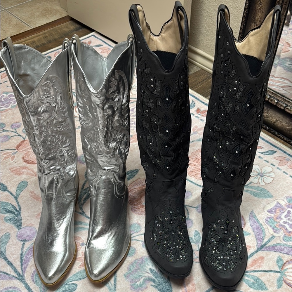 Silver and Black Embellished Women's Cowboy Boots